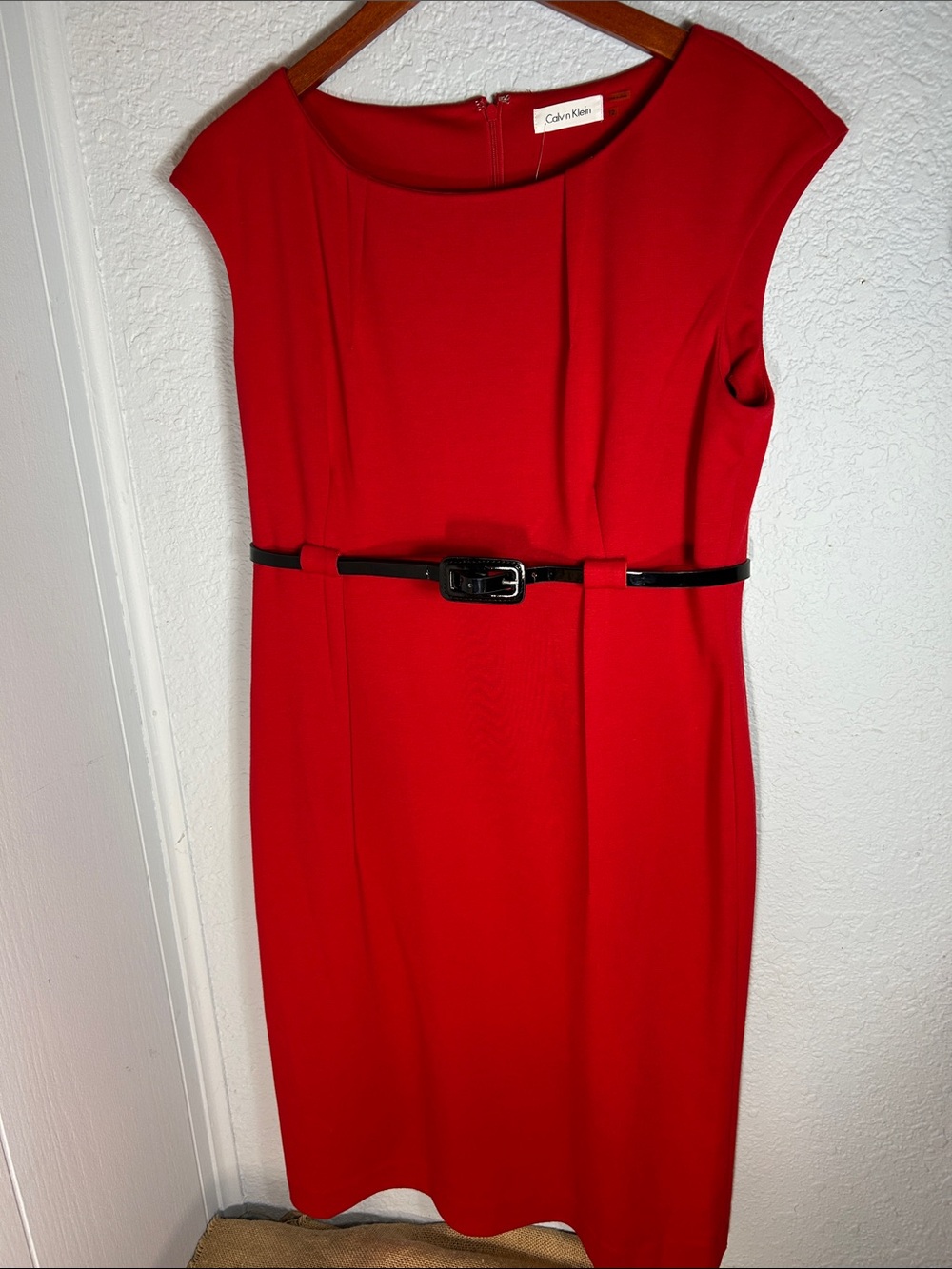 NWT Calvin Klein Red Midi Sheath Dress with Black Belt